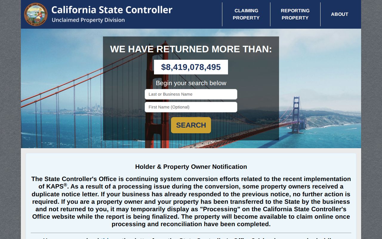 La Mesa resident lookup view of the California unclaimed property name search