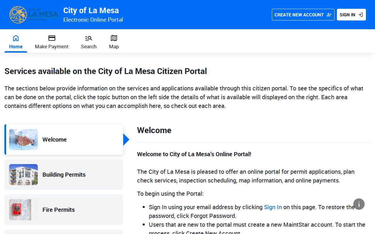 La Mesa street directory permit and inspection portal